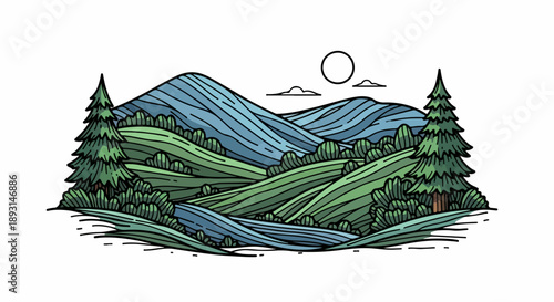 Serene landscape with rolling hills, lush greenery, and distant mountains under a soft sky