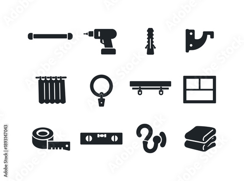 Curtain Installation Icons. Minimal Curtain Installation. Solid icon set of Minimal Curtain Installation: curtain rod, drill, wall anchor, bracket mount, sheer