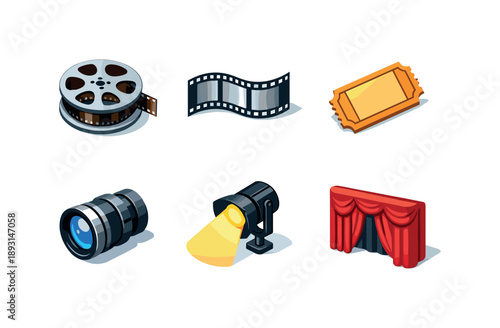 Vintage Cinema Icons. Classic film reel. Isometric flat vector icons set of Classic film reel: rotating film spool, monochrome movie frame strip, vintage