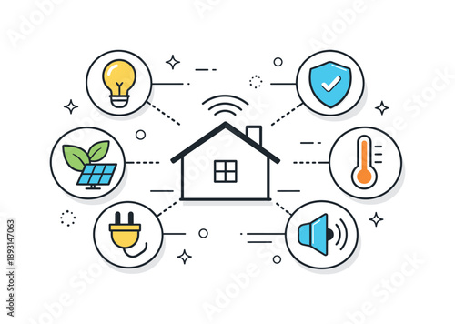 Smart Home Integration. Home automation and smart home systems. An abstract editorial scene with a house icon surrounded by connected symbols for energy,