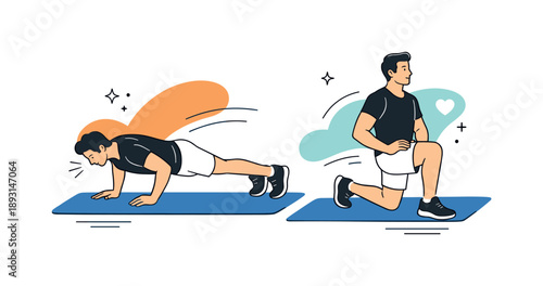 Functional Workout Illustration. Functional fitness workout. A person performs burpees and lunges on a gym mat, breathing steadily during intense intervals.