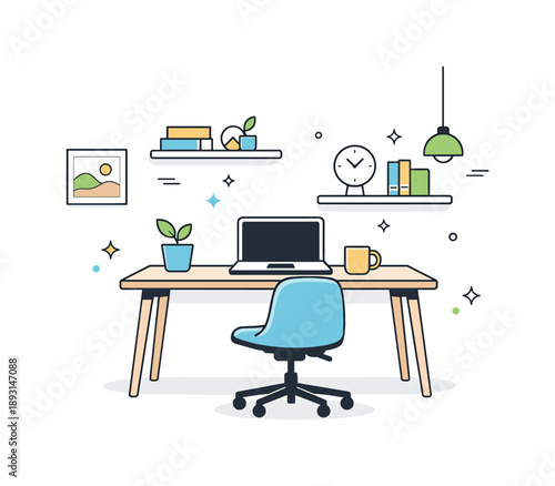 Minimalist Home Office. Minimal home office interior. Desk, chair, laptop and shelves arranged neatly, simplicity and clarity of space. Clean composition with