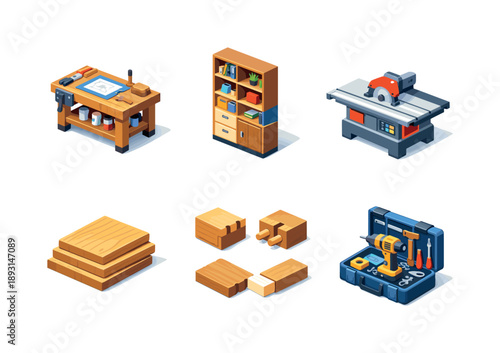 Custom Furniture Icons. Made to Measure. Isometric flat vector icons set of Made to Measure: furniture craftsman workbench, custom shelf unit, precision saw