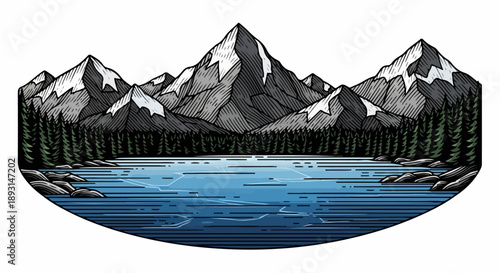 Serene mountain range with snow-capped peaks, reflective blue water, and dense evergreen forest