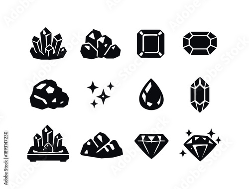 Emerald Crystal Icons. Emerald crystal collection. Solid icon set of emerald crystal collection: emerald cluster, raw crystal formation, polished emerald,