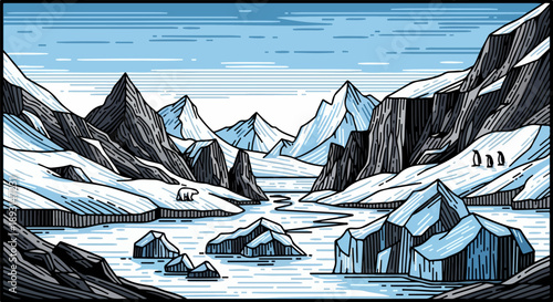 Snow-covered mountainous landscape with polar bear on iceberg under light blue sky