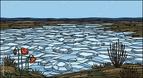 Arid landscape with orange flowers, green succulents, and a light blue salt flat