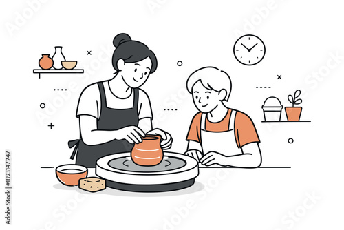 Pottery Class Demonstration. Pottery class illustration. A teacher demonstrating technique to a learner with soft gestures, capturing focus, mentoring, and the
