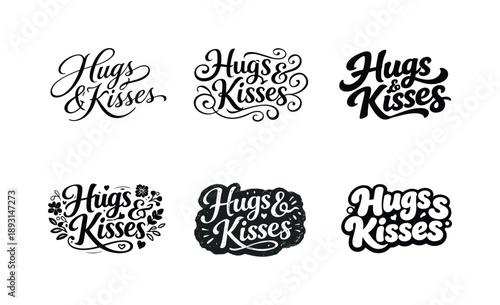 Hugs & Kisses Typography. Hugs & kisses script. Set lettering. harmonious lettering variations of the same emblematic concept, each with different artistic