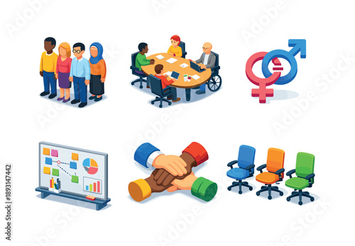 Diverse Workplace Icons. Diversity at work. Isometric flat vector icons set of Diversity at work: multicultural employees, inclusive meeting table, gender