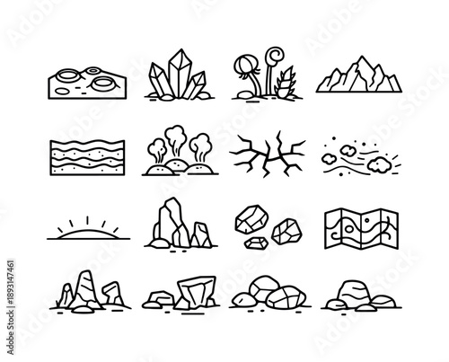 Alien Planet Icons. Alien Planet Surface. Line icon set of Alien Planet Surface: cratered ground, crystal rocks, strange plants, mountain ridge, alien soil