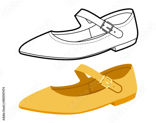 Yellow Mary Jane flat shoe women flat plus line set. Strap front pointed toe footwear for magazine fashion. Technical fashion illustration CAD mockup mixed vector man unisex isolated stylish style.