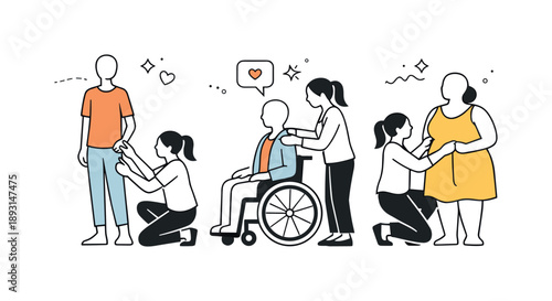 Inclusive Fashion Design. Inclusive fashion for all body types. A designer adjusting clothes on different body silhouettes displayed as simple figures. The