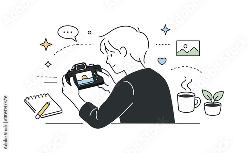 Photographer's Creative Reflection. Artistic photography practice. A photographer reviewing images on a camera screen, reflecting on details and mood. Quiet