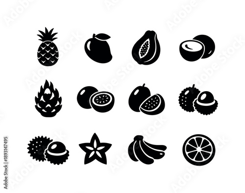 Tropical Fruits Icons. Tropical fruits. Solid icon set of tropical fruits: pineapple, mango, papaya, coconut, dragon fruit, passionfruit, guava, lychee,