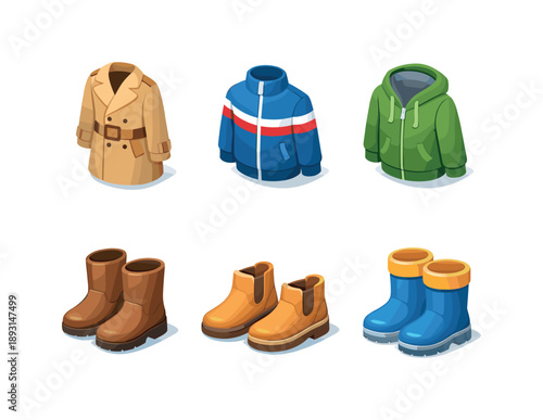 Jackets & Boots Grid. Light jacket & boots set. Isometric flat vector icons set of light jacket & boots set: trench coat light jacket, sporty zip-up jacket,