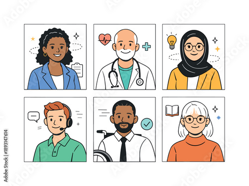 Inclusive Business Portraits. Inclusive business portraits. A group of different professionals shown as individual portrait frames, each with unique hairstyle