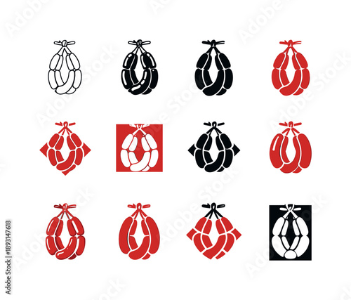 Sausage Icon Variations. Sausage. Icon set. Set Logo of Sausage: hanging sausages loop. harmonious logo variations of the same emblematic concept, each with