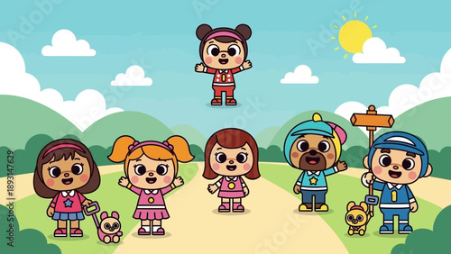 Vector illustration set of a funny cartoon boy and children with a lot of animals and flowers featuring a smiling baby character and cat pattern collection