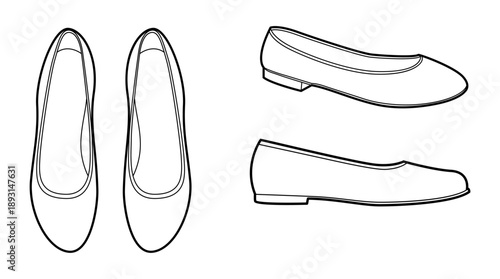 Flat shoe outline views women sketch pair. Top and side silhouettes with clean contour for education reference and design training. Technical fashion illustration CAD mockup detailed vector isolated