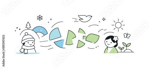 Gentle Geometric Renewal. Between winter and spring. Soft geometric shapes shifting and separating, creating a sense of movement and renewal. The illustration