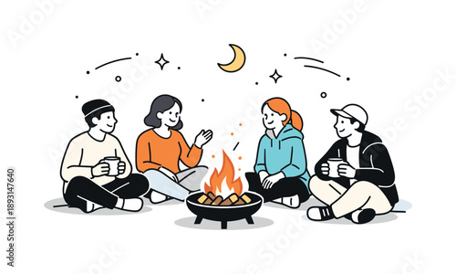 Cozy Fire Pit Gathering. Sitting by a fire pit. People calmly gathered around a small fire pit, enjoying warmth and quiet conversation under an open sky. Cozy