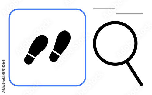 Footstep prints paired with a magnifying glass suggest examination and analysis of movement or tracking. Ideal for investigation, forensics, tracking progress, direction, analytics, discovery, simple