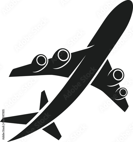 Sleek black silhouette of a   airplane ascending, representing global aviation, international travel, air cargo logistics, aerospace technology, tourism, and holiday departures.