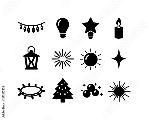 Festive Lights Icons. Holiday lights. Solid icon set of holiday lights: string lights, bulb icon, star bulb, candle flame, lantern silhouette, spark burst,
