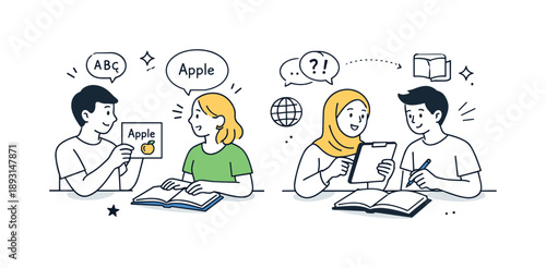 Language Learning Duo. Language learning group practice. Learners working in pairs, repeating words and checking notes. Active engagement and cooperative