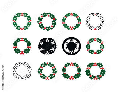 Seasonal Wreath Icons. Seasonal wreath. Icon set. Set Logo of seasonal wreath: holly berry wreath. harmonious logo variations: Symmetrical form, Abstract