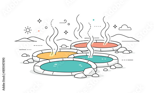 Colorful Hot Springs. Unusual Earth biomes. A calm scene of colorful hot springs with gentle steam rising above mineral-rich water pools. Natural wonder, quiet