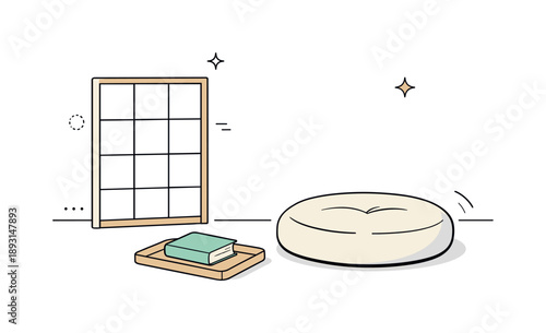 Japandi Minimalist Corner. Japandi style decor objects. A soft corner with a low floor cushion, shoji screen, and a single book resting on a tray. Spaciousness