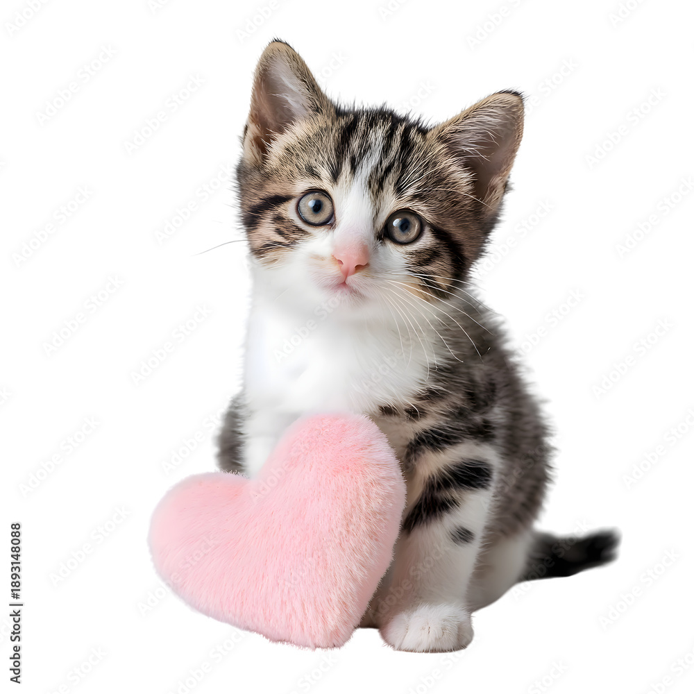 Obraz premium Adorable kitten holding valentine heart in front view, showcasing love and affection