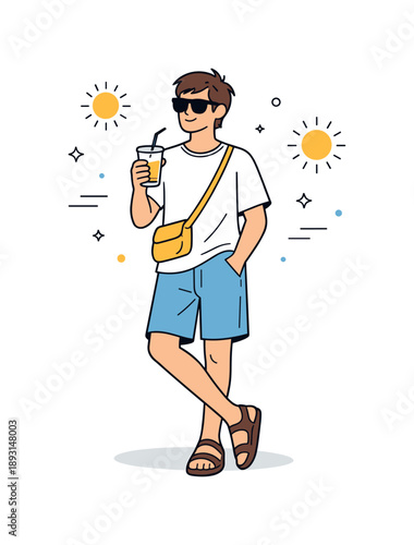 Summer Fashion Vibes. Summer fashion style. A person wears light breathable clothes, sunglasses, and sandals, enjoying warm weather with relaxed confidence.