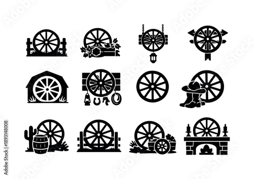 Wagon Wheel Icons. Wagon wheel decoration. Solid icon set of Wagon wheel decoration: rustic decor, garden wheel, wall ornament, western decor, farmhouse style,
