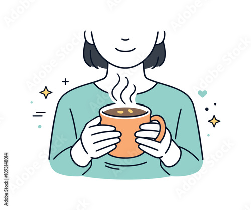 Cozy Hot Chocolate Moment. Drinking hot chocolate. Person holding a warm mug with gentle steam rising. Cozy comfort and quiet enjoyment in a calm moment.