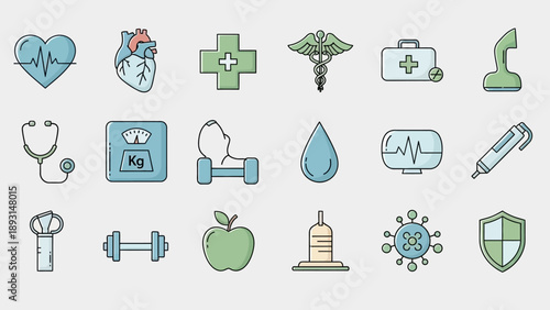 This flat vector collection features a professional medical icons set designed for web and business illustrations including symbols for travel and computer sign design