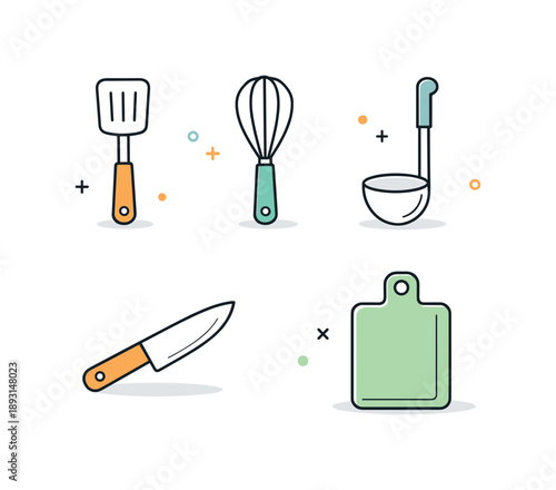 Minimalist Cooking Icons. Cooking utensils icon pack. Simple icons of spatula, whisk, ladle, knife, and cutting board arranged as a neat set. Practical kitchen