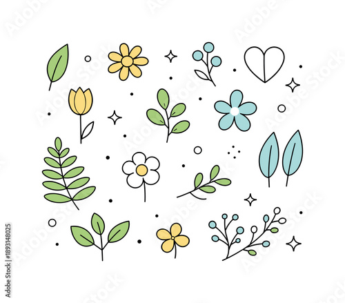 Botanical Flat Lay. Botanical flat lay composition. Leaves and flowers arranged in a loose grid, simple silhouettes and natural rhythm. Everyday nature