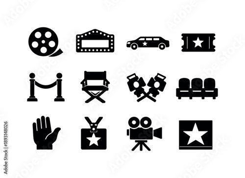 Hollywood Premiere Icons. Hollywood Premiere. Solid icon set of Hollywood Premiere: film reel, premiere sign, star limo, movie ticket, red rope stanchion,