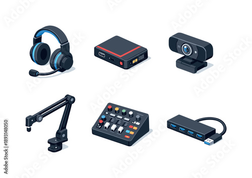 Game Streaming Icons. Game streaming equipment. Isometric flat vector icons set of Game streaming equipment: gaming headset with microphone, capture card