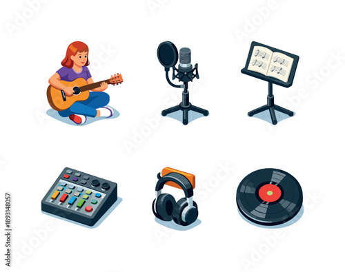 Isometric Musician Icons. Female Musician. Isometric flat vector icons set of Female Musician: woman playing acoustic guitar, recording studio microphone,