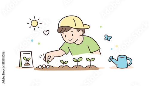 Mindful Growth Illustration. Seeds sprouting concept illustration. A character carefully planting seeds and watching small sprouts appear. The illustration