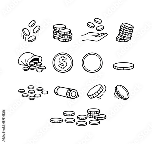 Money Scatter Icons. Money Scatter. Line icon set of Money Scatter: coins falling, coin pile, hand tossing coins, coin stack leaning, spilled coin bag, coin