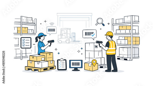Efficient Warehouse Management. Factory warehouse inventory management. A wide view of a warehouse with shelves, pallets, and workers scanning barcodes to