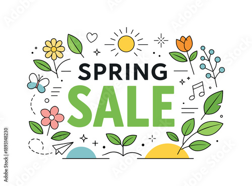 Spring Sale Poster. Seasonal promotion. A poster-style scene with simple leaves, flowers, and abstract shapes framing a spring sale headline. Fresh and modern