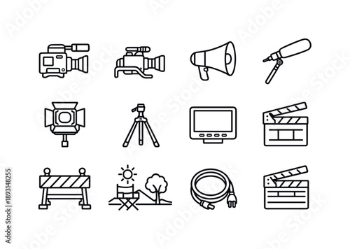 On-Location Filming Icons. On-location filming. Line icon set of On-location filming: cinema camera, shoulder rig, director megaphone, boom mic pole, lighting