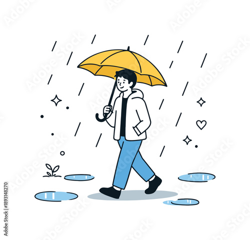 Calm Rain Walk. Umbrella and rain elements. A person walking calmly under an open umbrella, light rain falling around and small puddles on the ground. The
