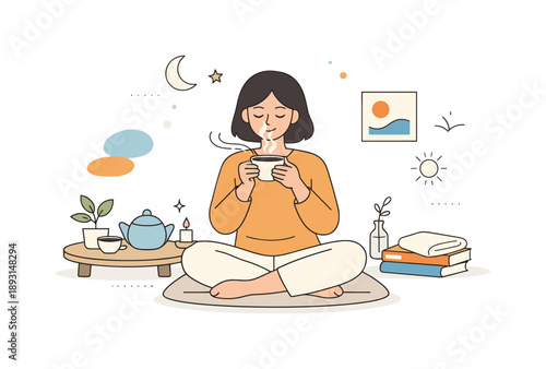 Sustainable Minimalism Scene. Sustainable minimalism ? slow living. Person enjoying a quiet daily ritual like drinking tea or reading, surrounded by only a few